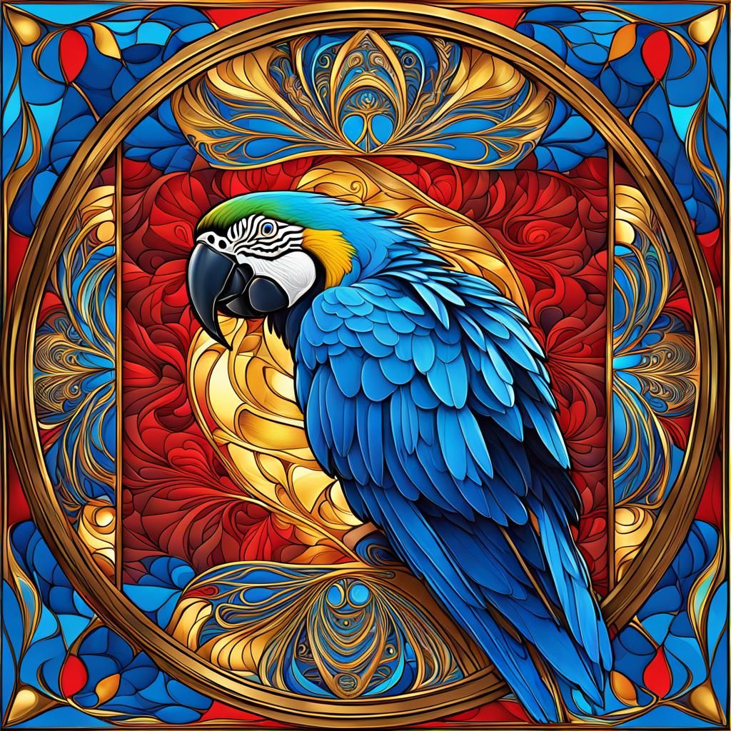 Art Nouveau Macaw in Abstract Window