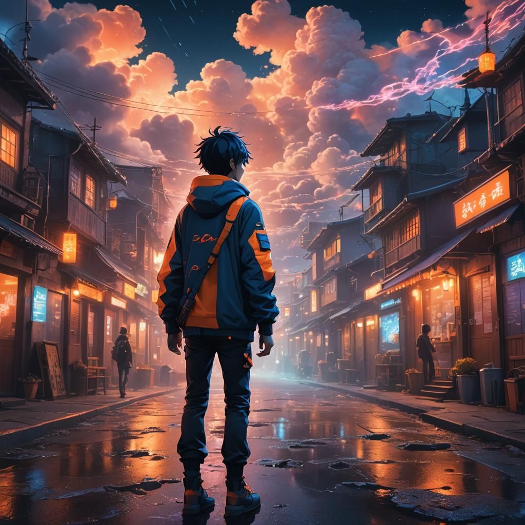 Anime Boy Walks in Neon Fantasy Town