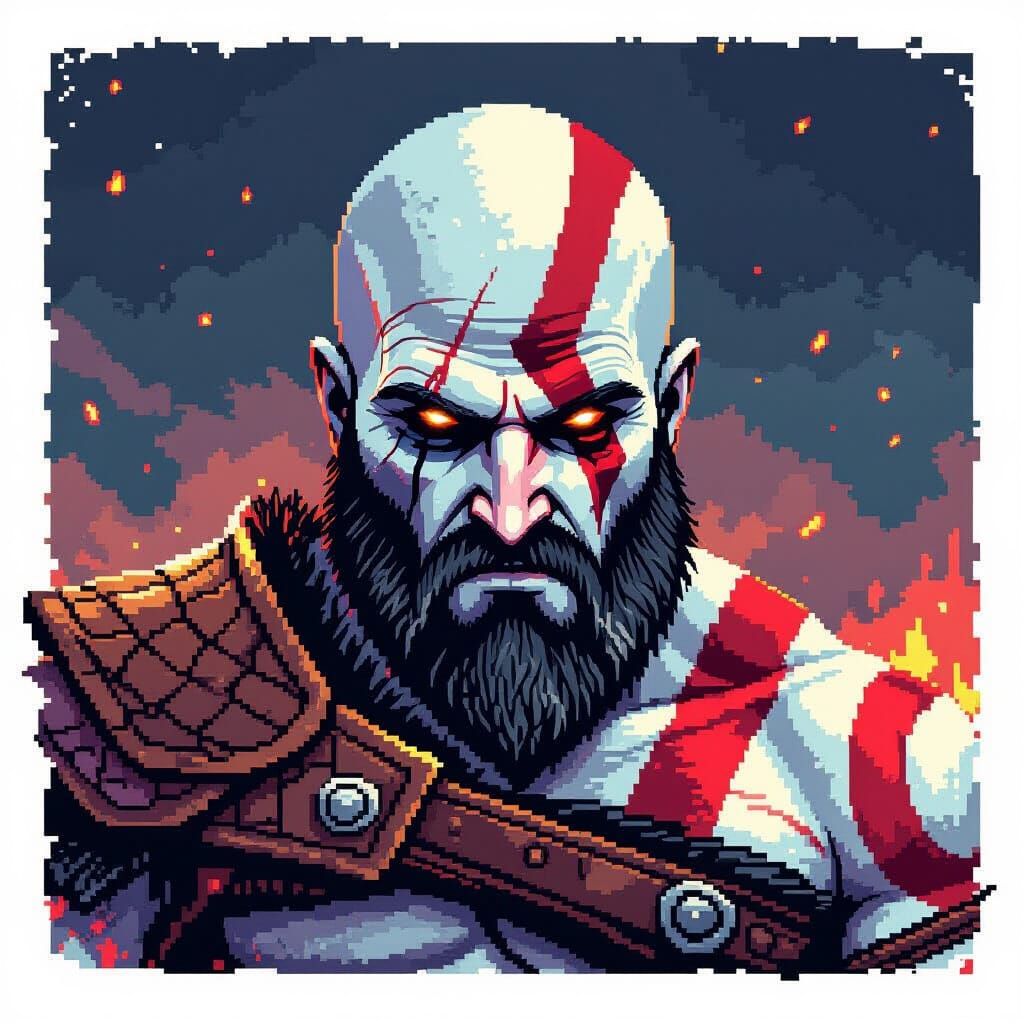 Kratos Pixel Art Portrait in 16-Bit Style