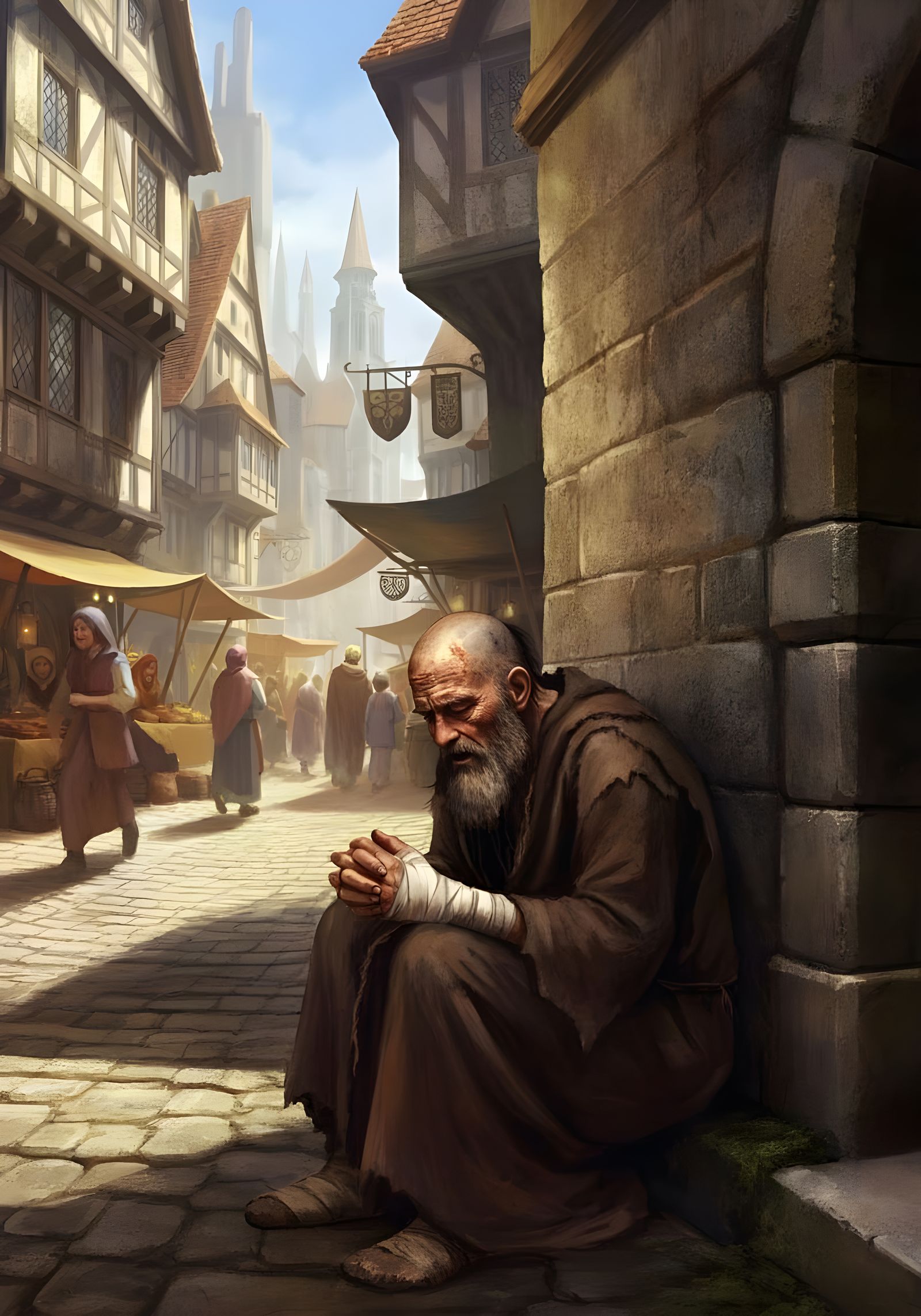 Old Beggar in Medieval City Street