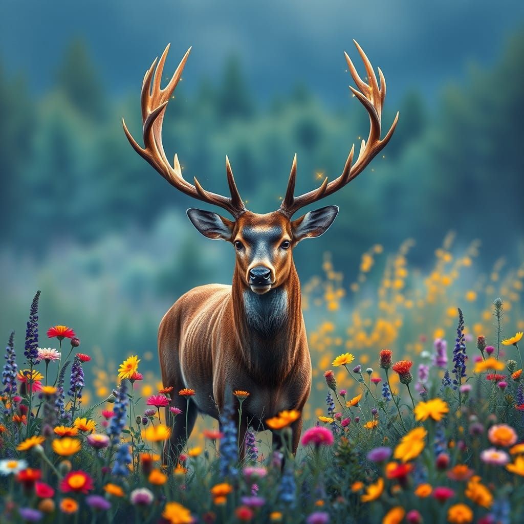 Stag with Firefly Antlers in Gouache Style