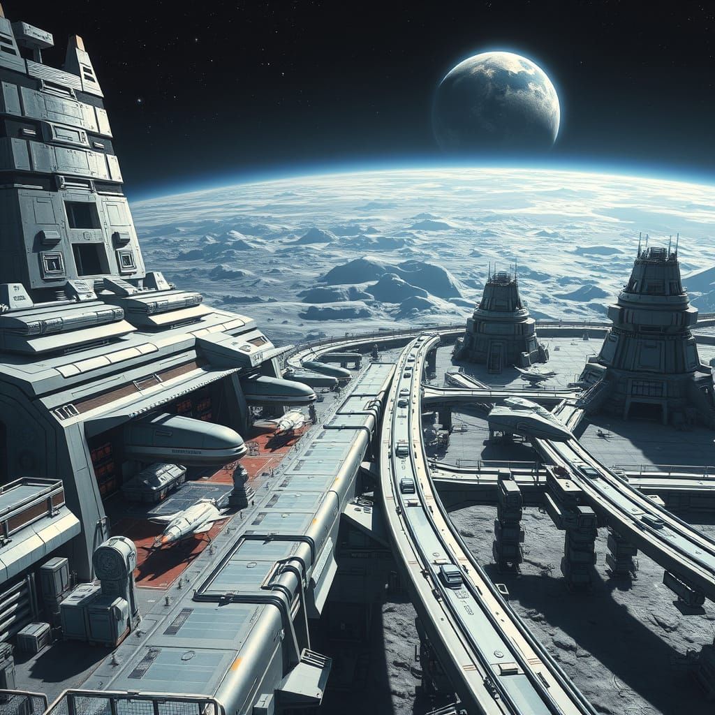 Futuristic Lunar Base with Spacecraft, Photorealistic Render...