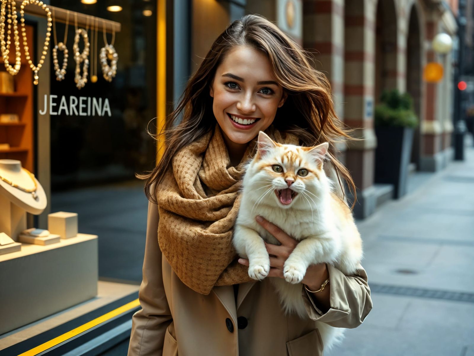 Confident Woman Winks at Passersby with Furry Companion