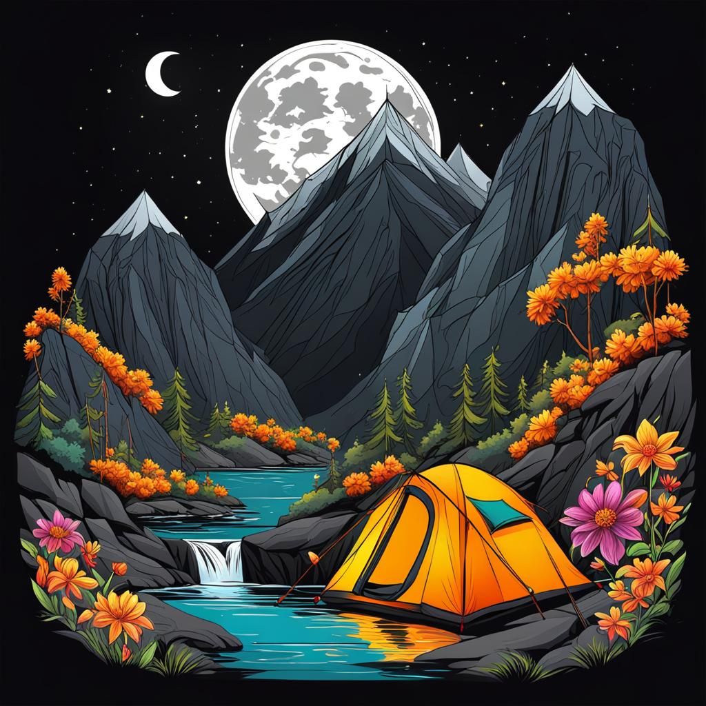 Palekh Camping Scene with Waterfall and Silver Moon