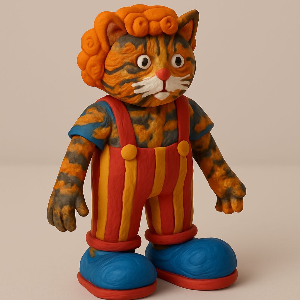 Calico Tabby Cat in Clown Costume, Claymation Style