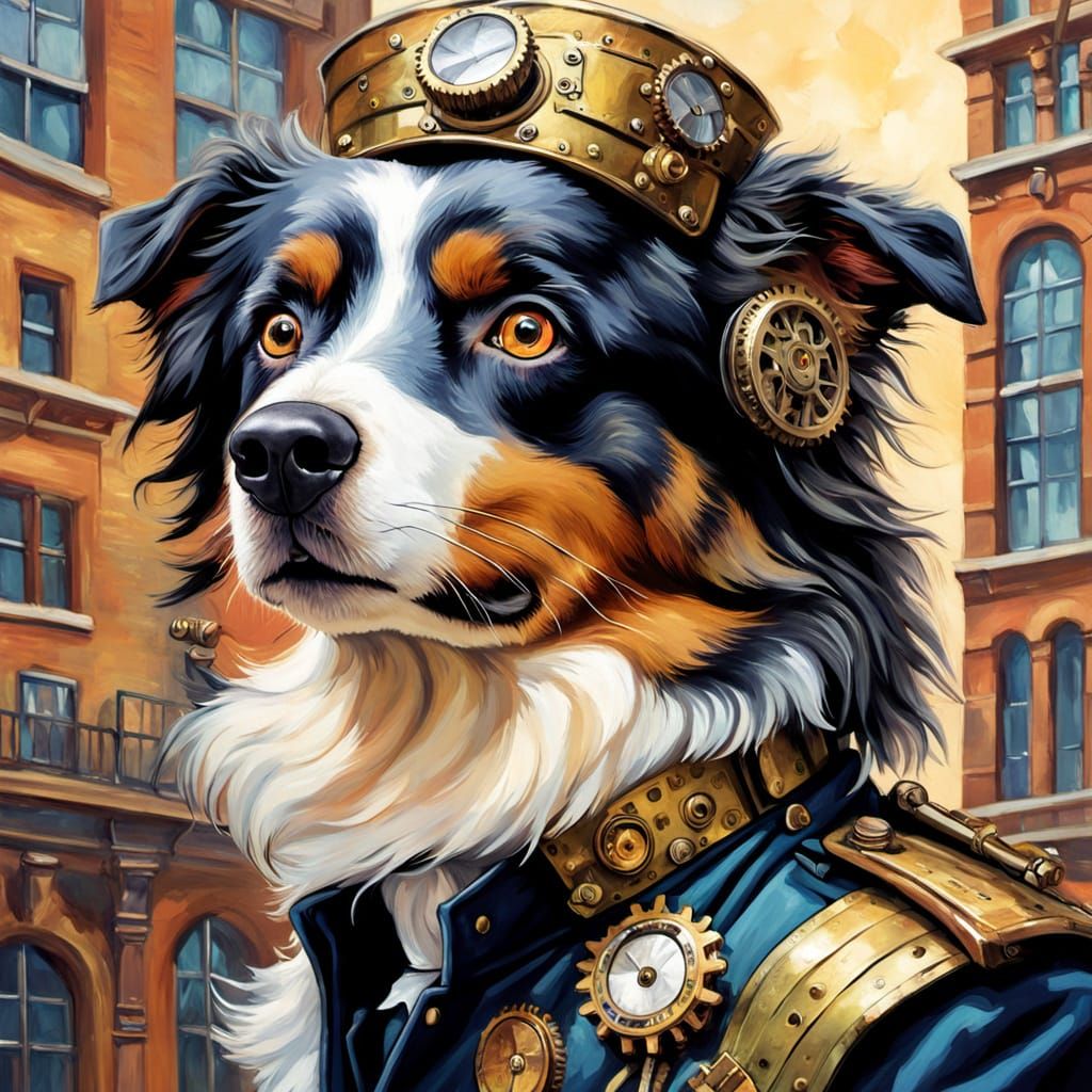 Australian Shepherd in Steampunk Military Uniform near Londo...