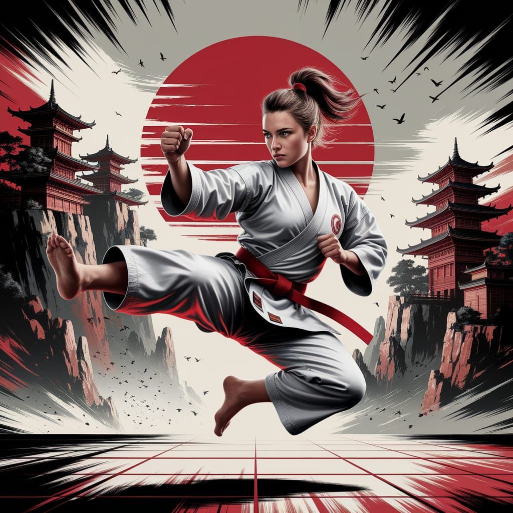 Woman Mid-Air Kick in Hyperrealistic Action Painting