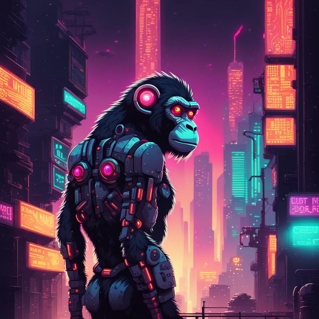Cyberpunk Cyborg Monkey Pixel Art