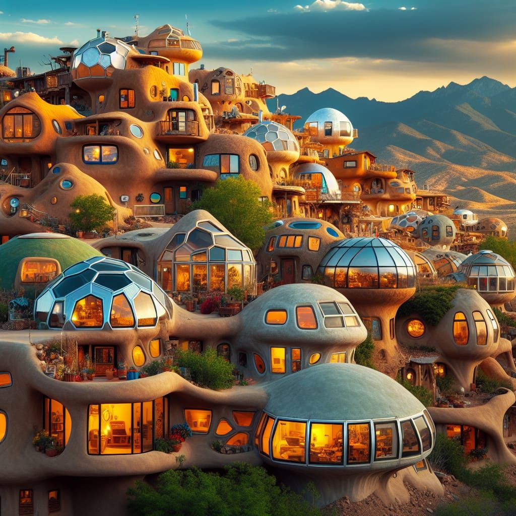 Vibrant Earthship Neighborhood at Sunset