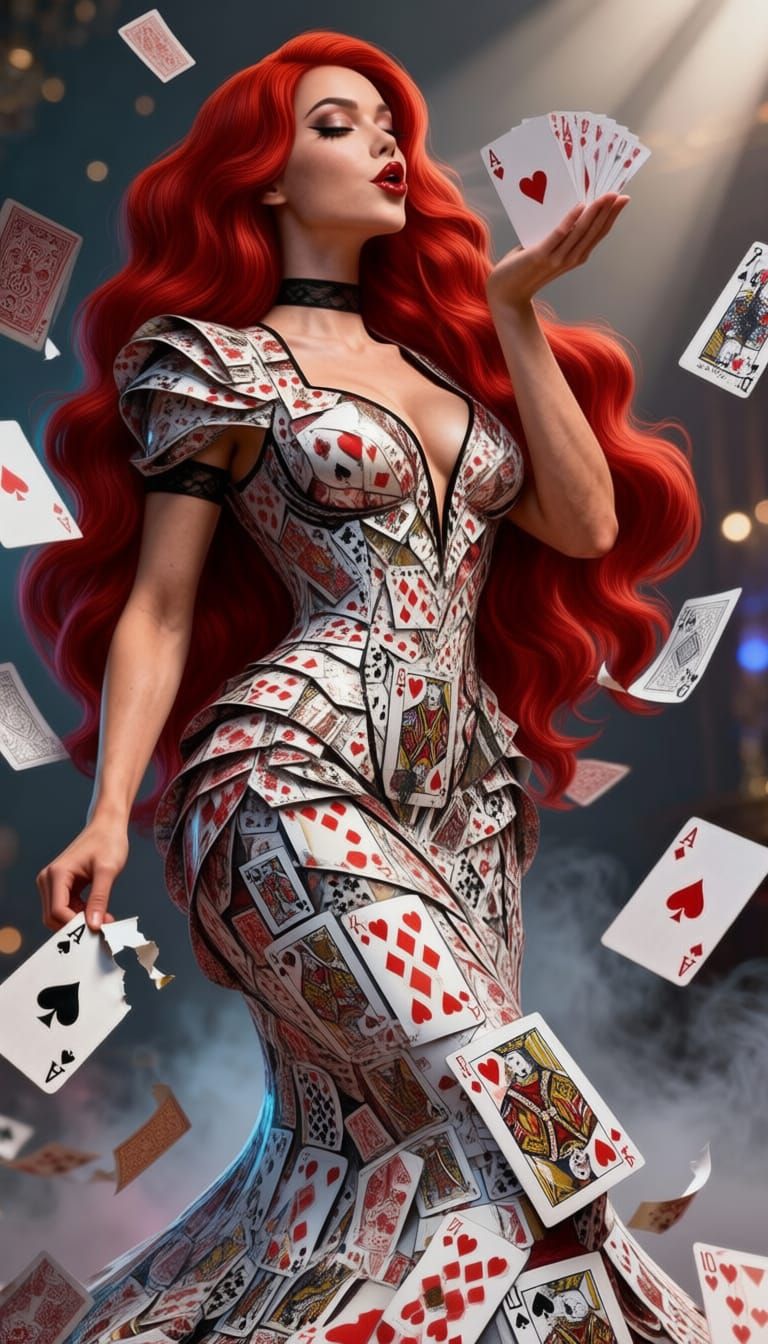 Woman with Long Red Hair in Playing Card Gown