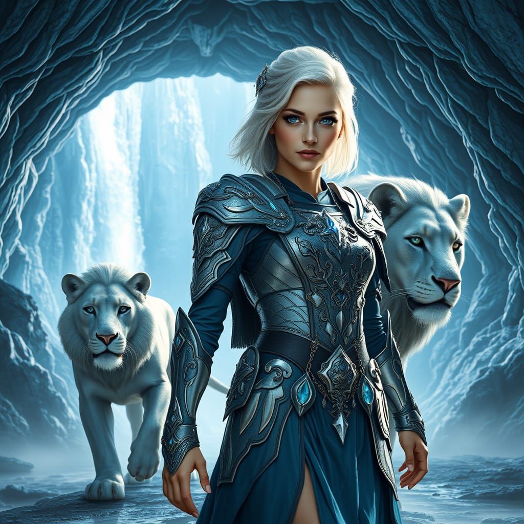 Majestic Warrior Woman and Silver Lion in Ethereal Armor