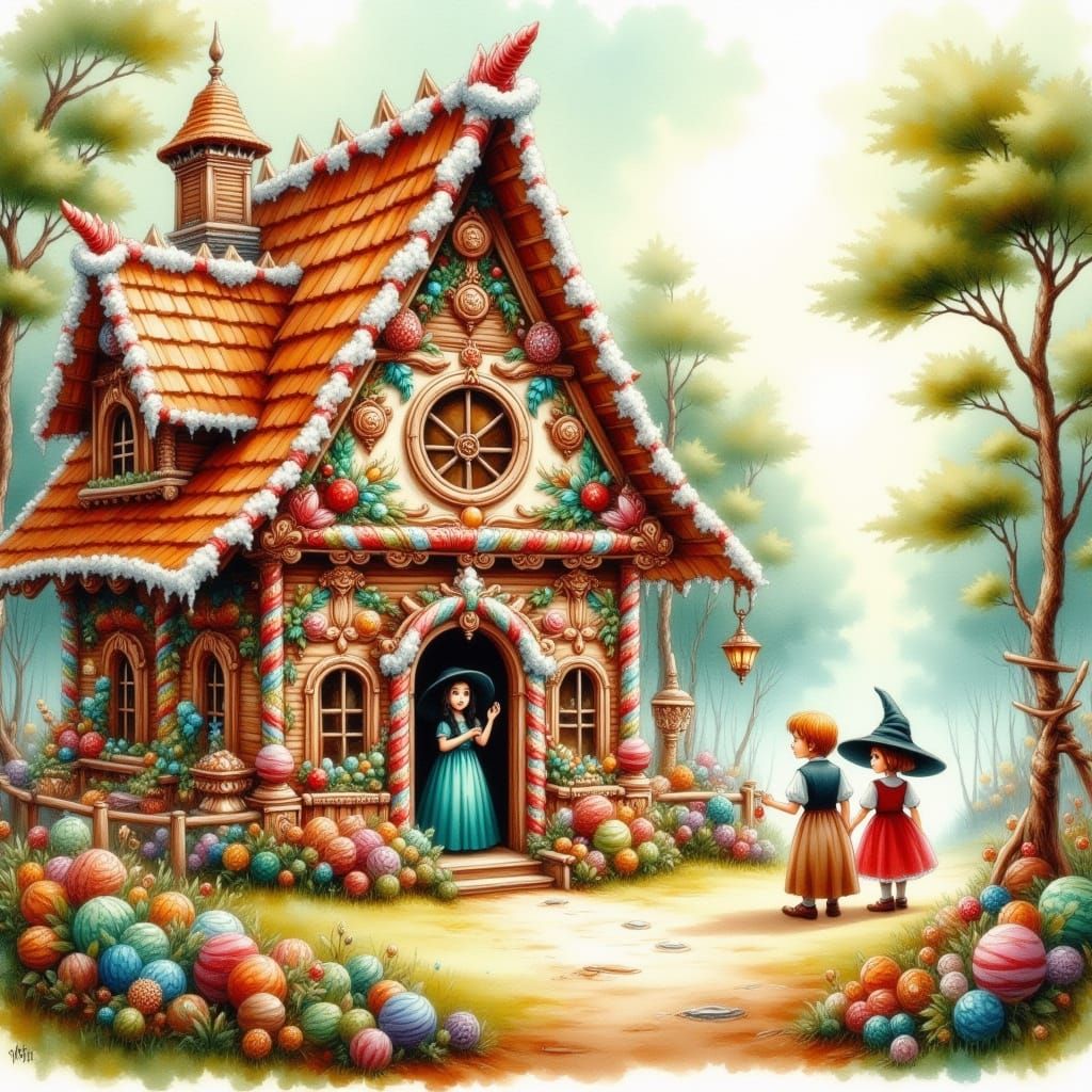 Whimsical Watercolor Illustration of Hansel and Gretel Befor...