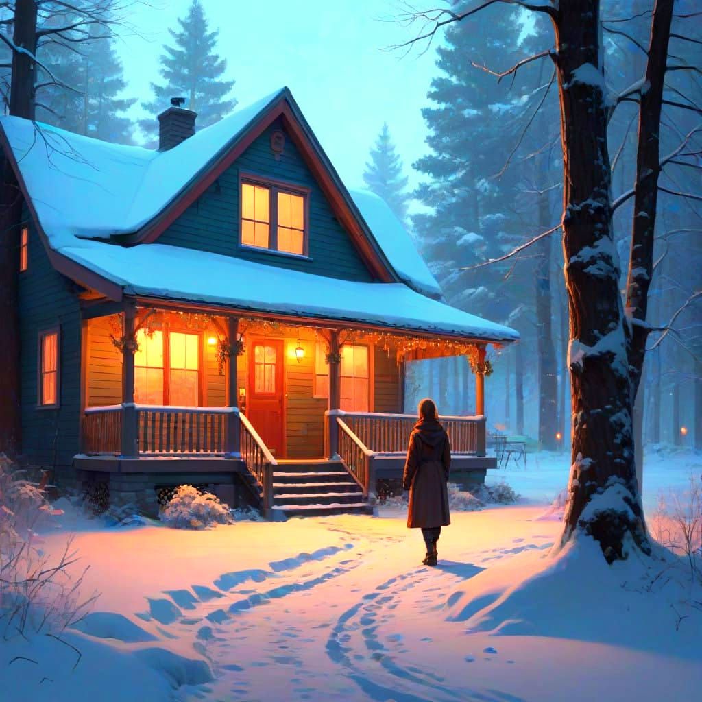Winter Wonderland Scene with Christmas Tree and English Cott...
