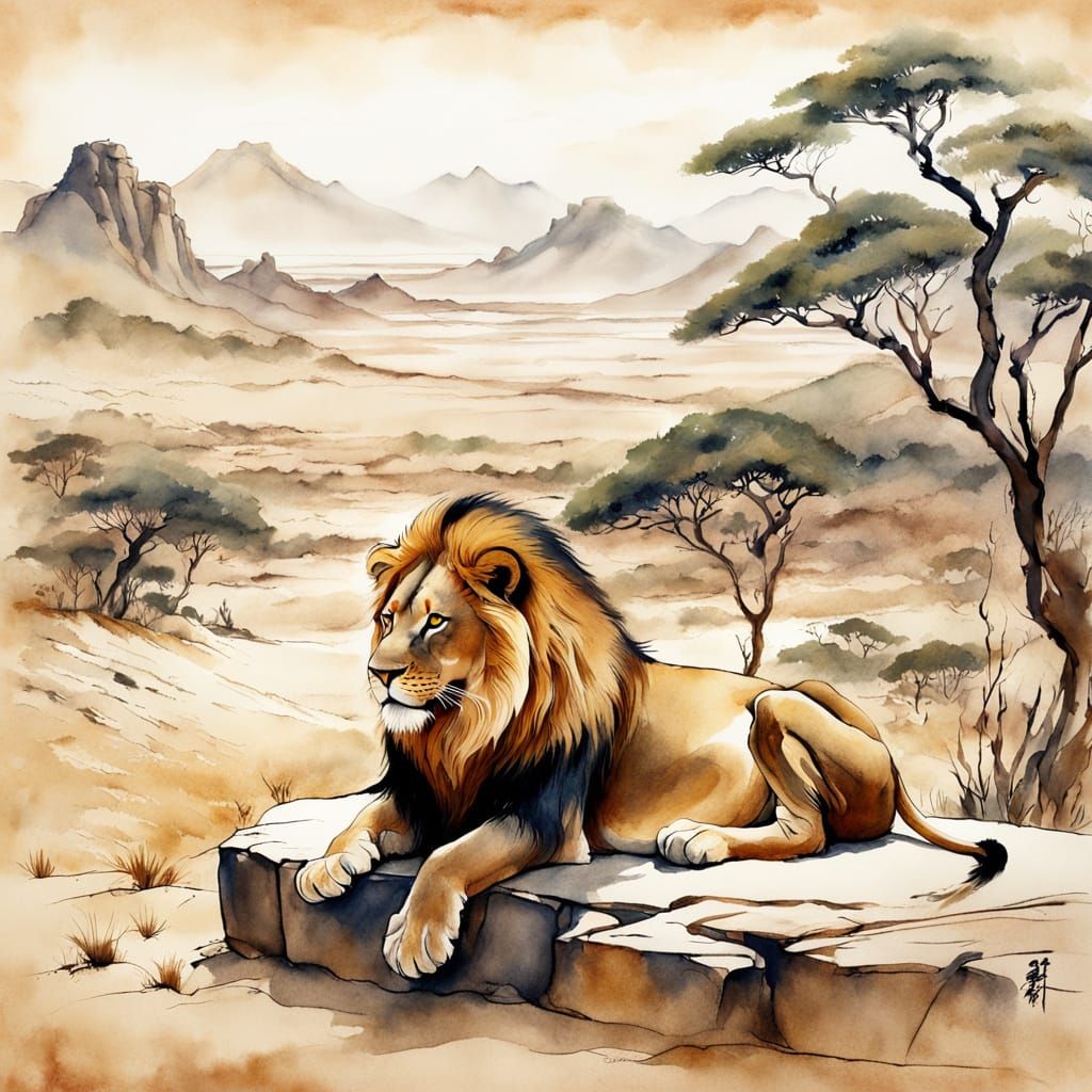 Lion Overlooking African Desert in Chinese Ink Painting