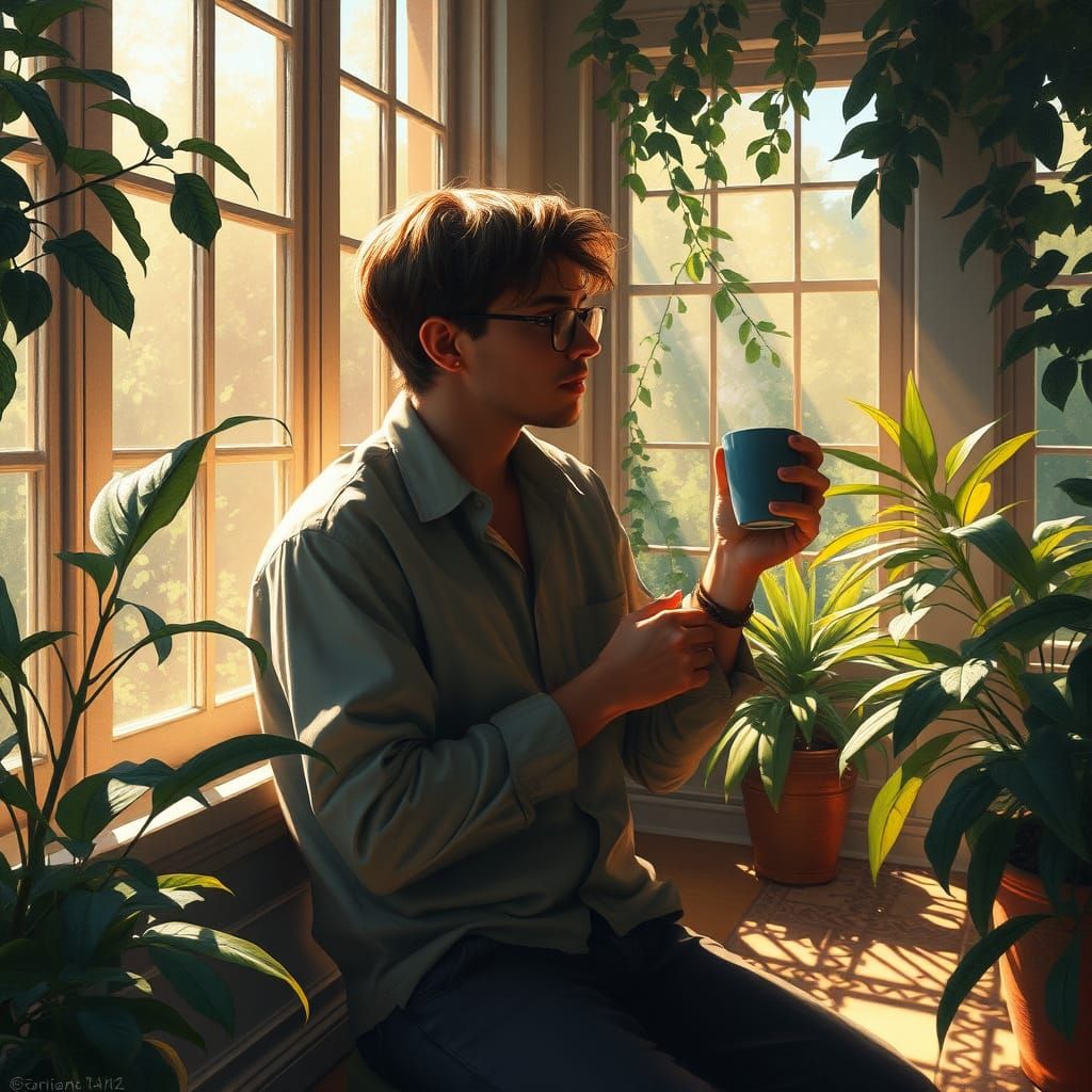 Introspective Nerd in Sunroom: Oil Painting