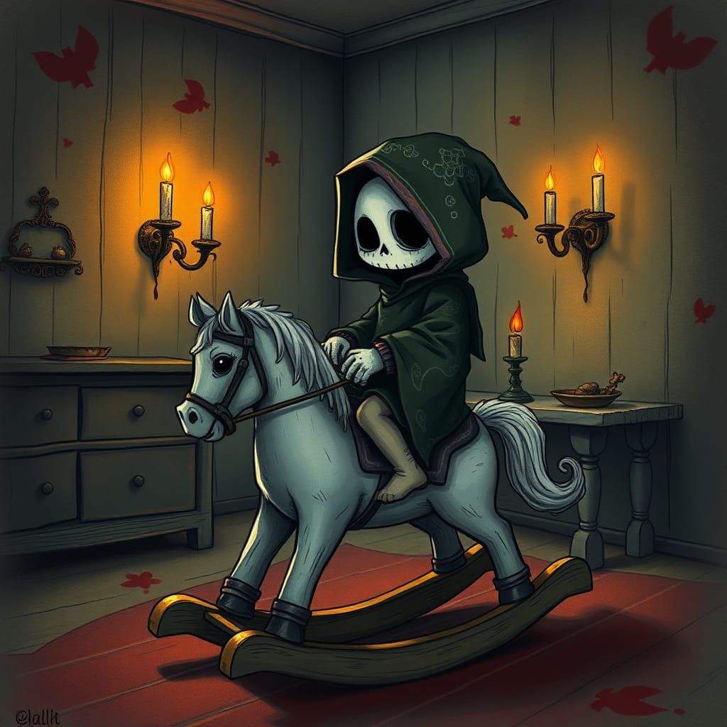 Toddler Grim Reaper Rides Rocking Horse: Dark Fantasy