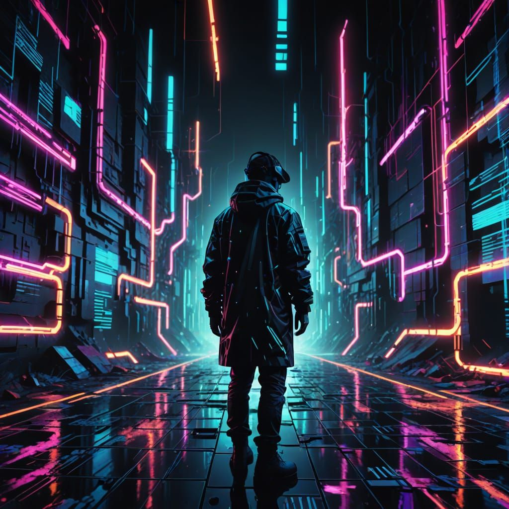 Glitch Art Figure in Neon Code Landscape