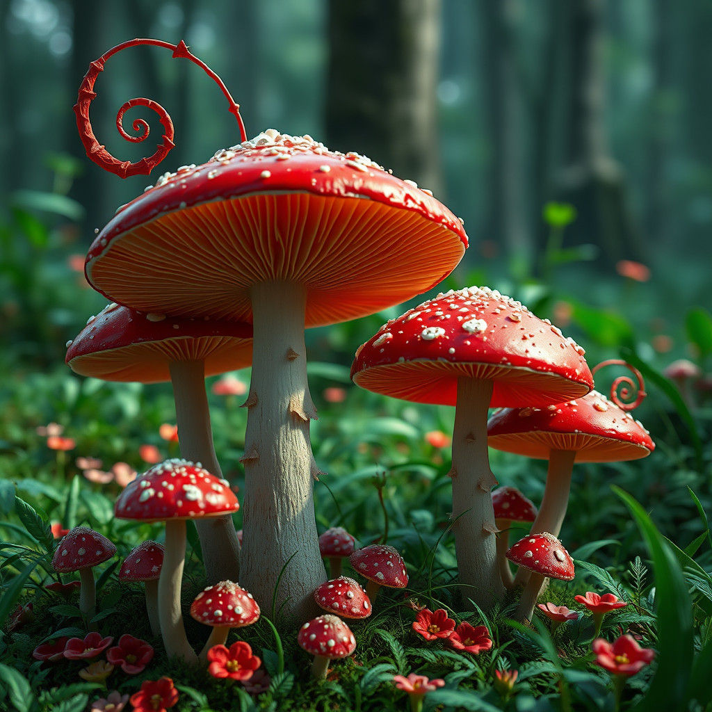Enchanted Forest: Oversized Mushrooms in Fantasy Art Style