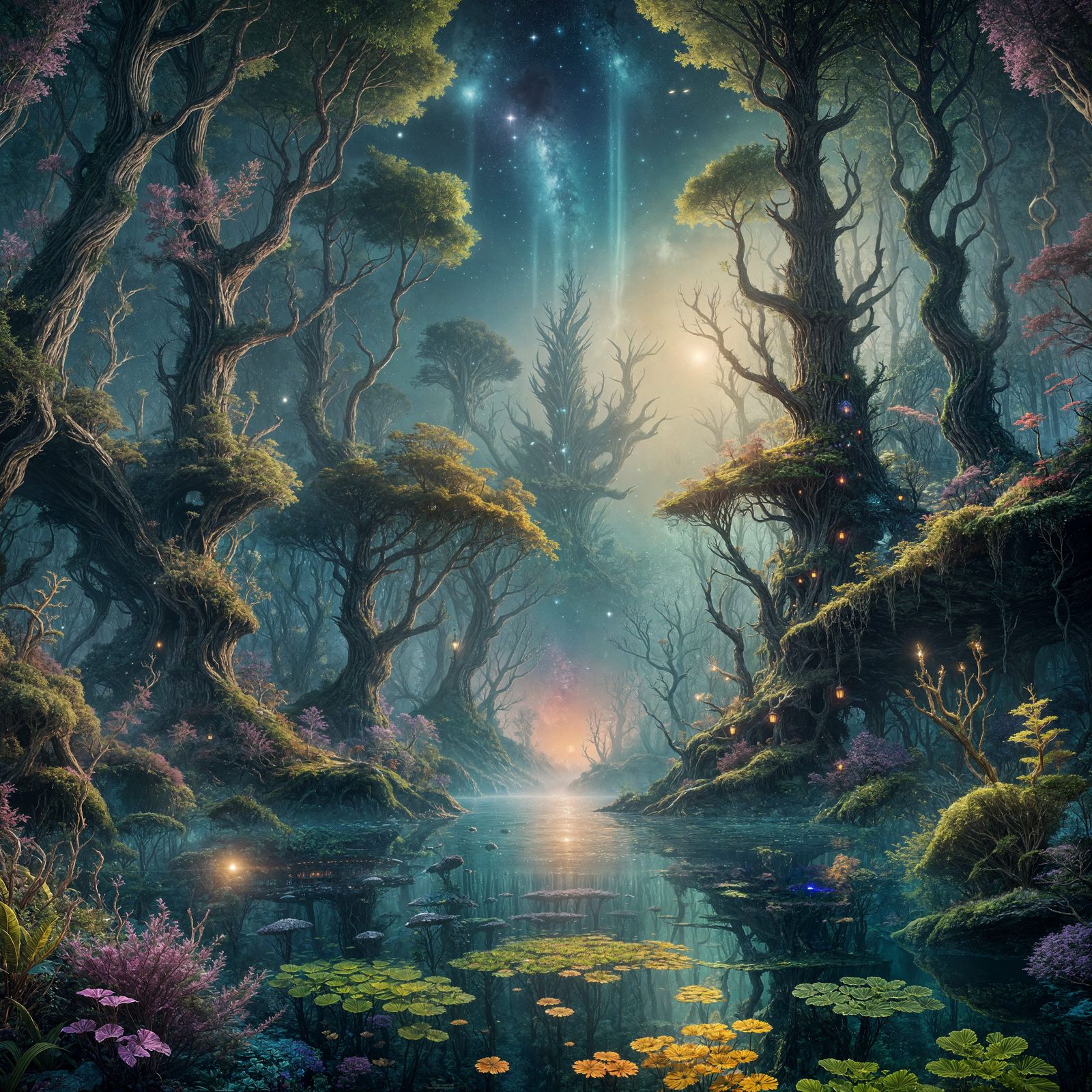 Underwater Fantasy Forest with Starry Sky