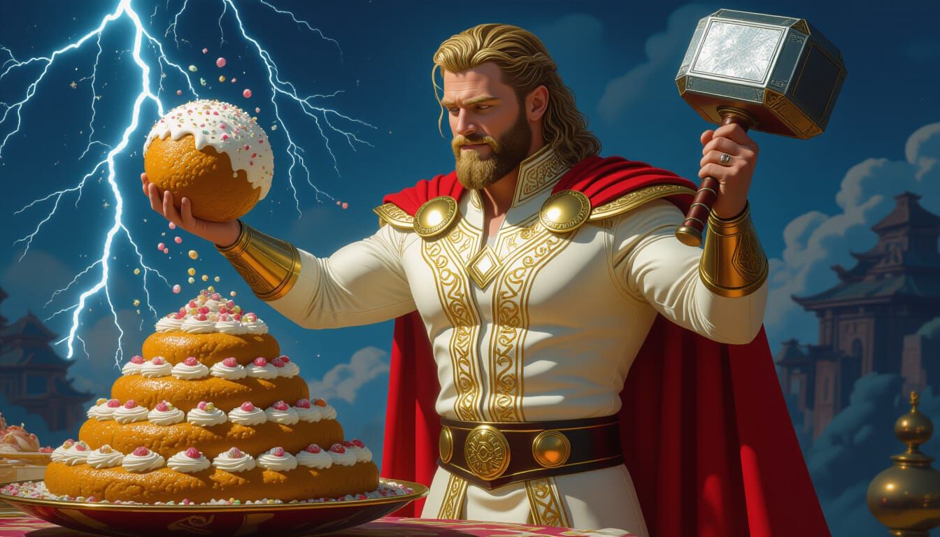Thor Lifts Ladoo with Mjolnir, Digital Art