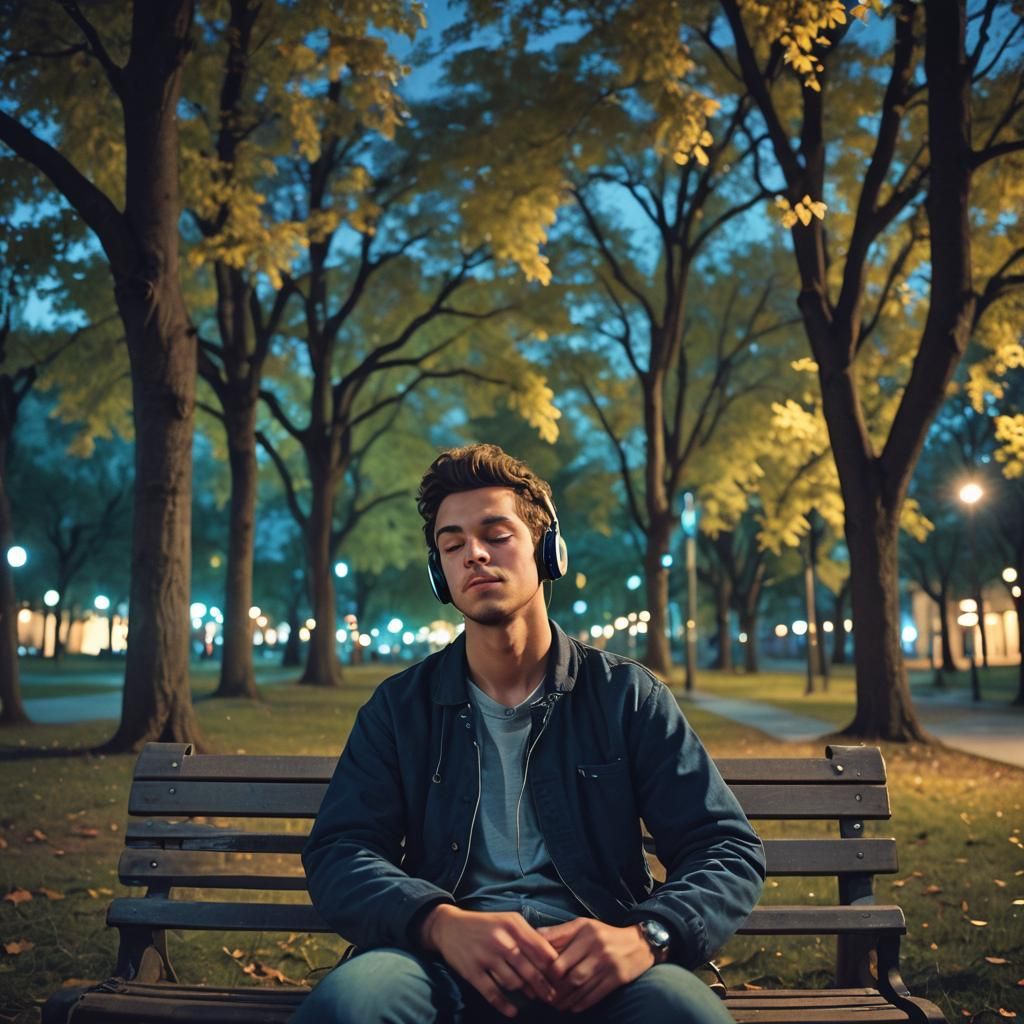 Young Man Listening to Music in Moonlight
