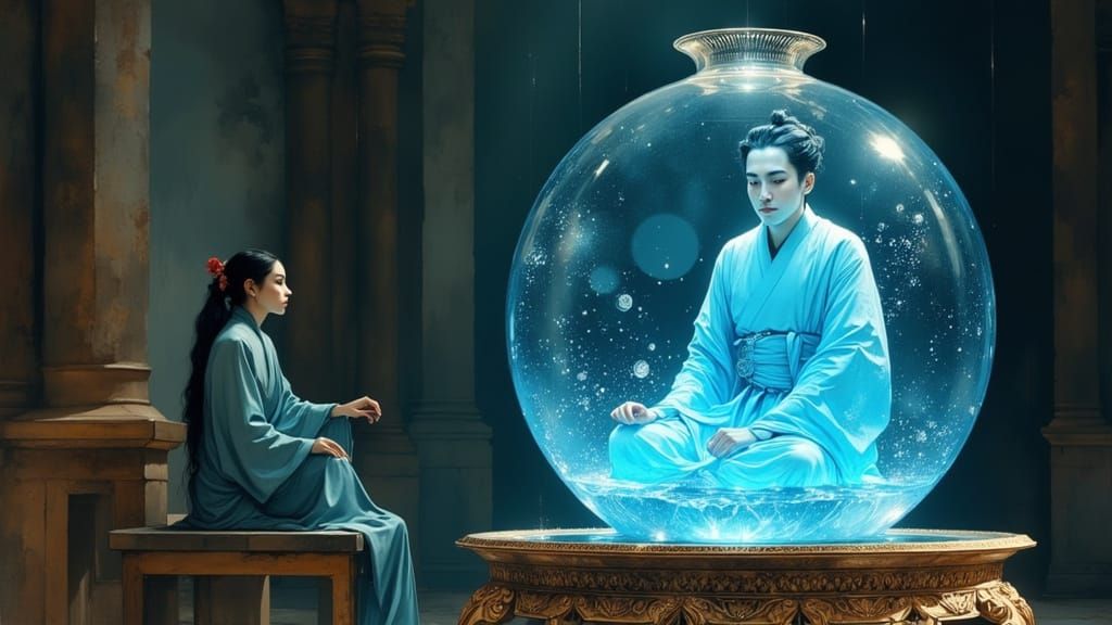 Holographic Figure in Crystal Vessel, Alphonse Mucha Style