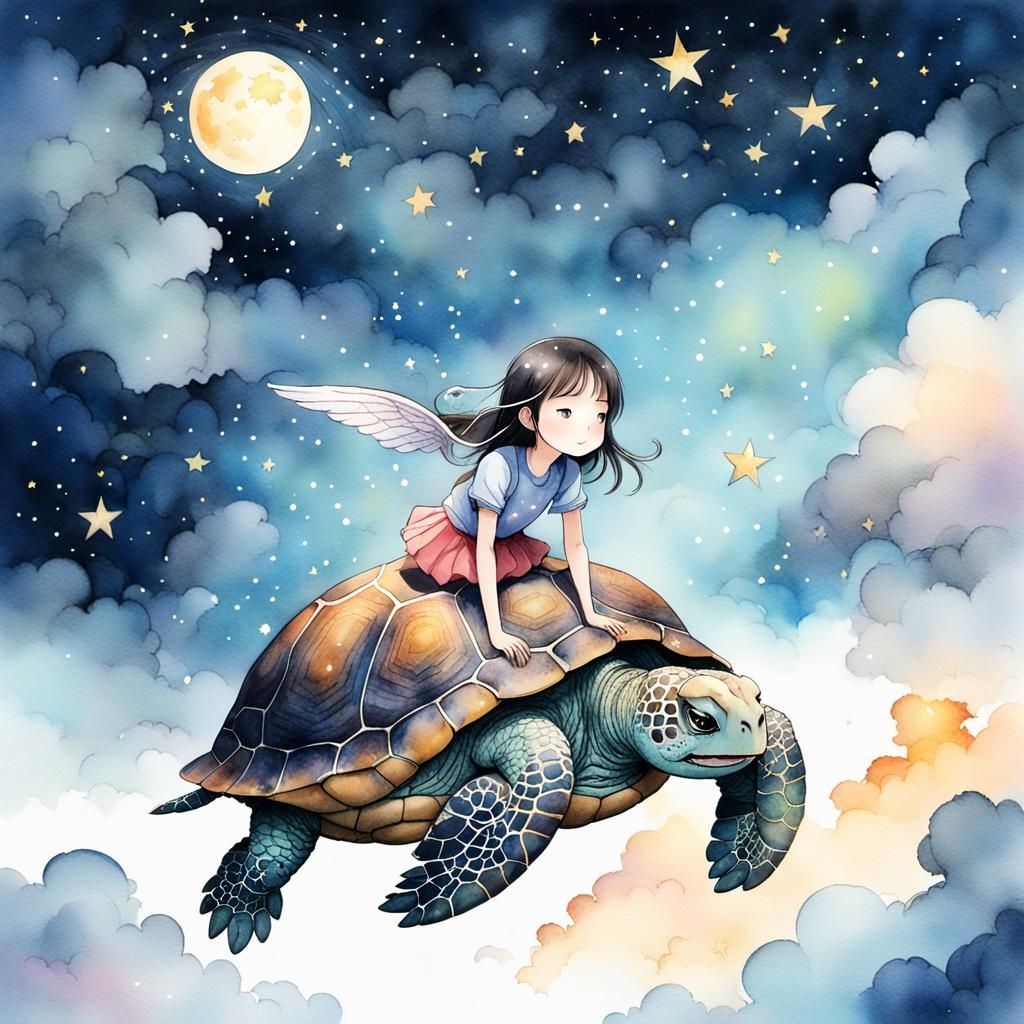 Magical Night Journey: Girl and Turtle in Starry Sky