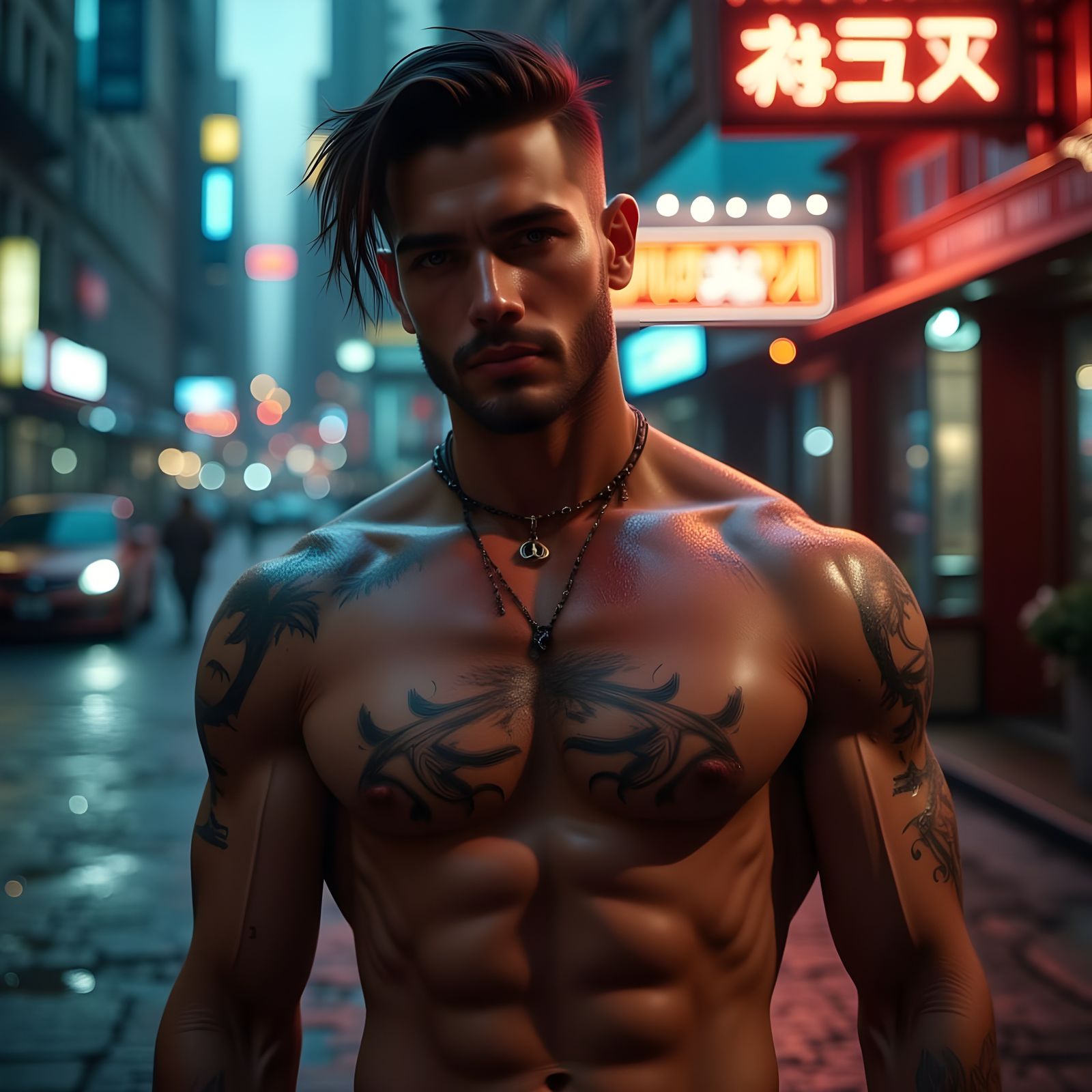 Hyperrealistic Man with Tattoos in Urban Dusk