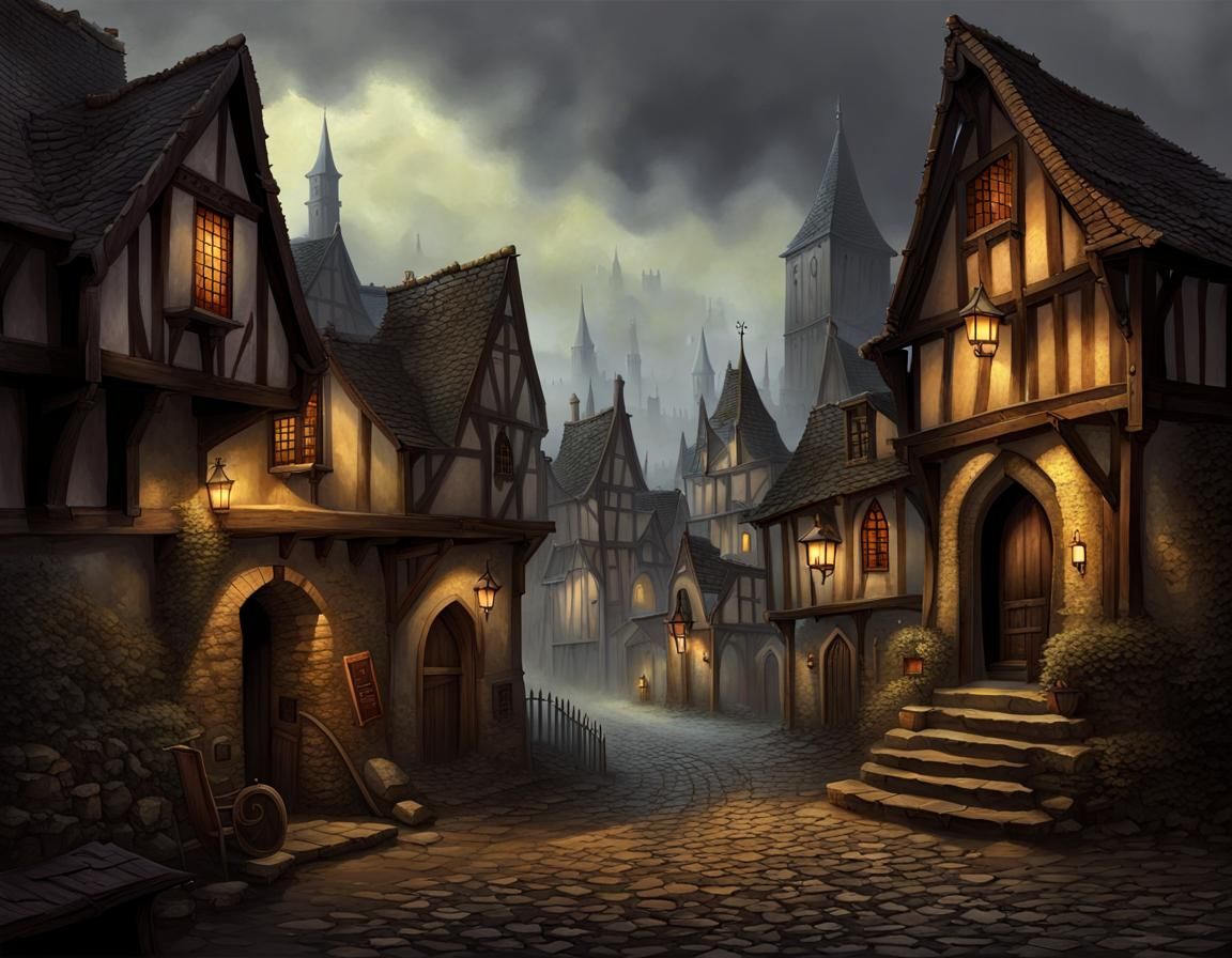 Gloomy Medieval Fantasy Town Illustration