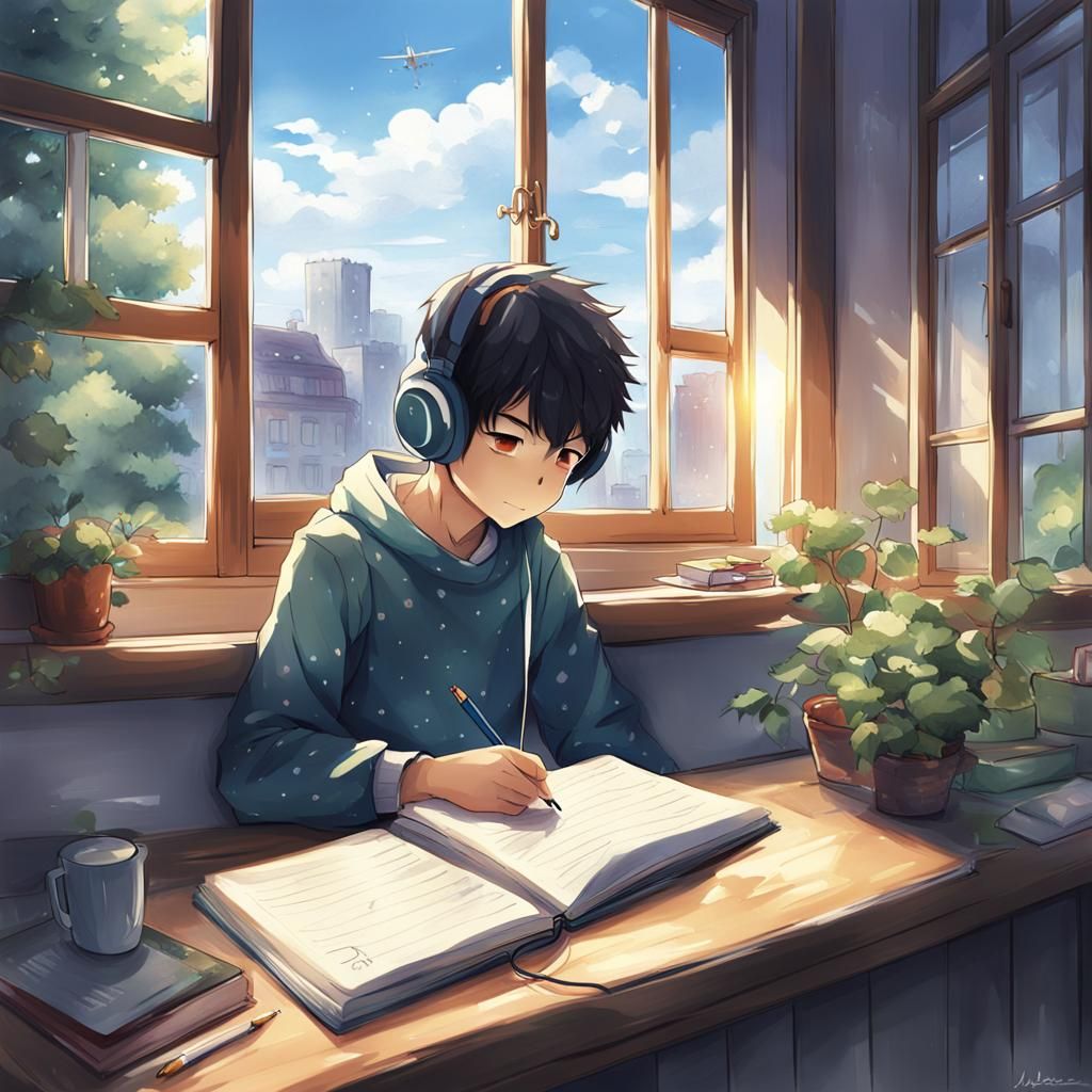 Boy Writing on Windowsill in Anime Style