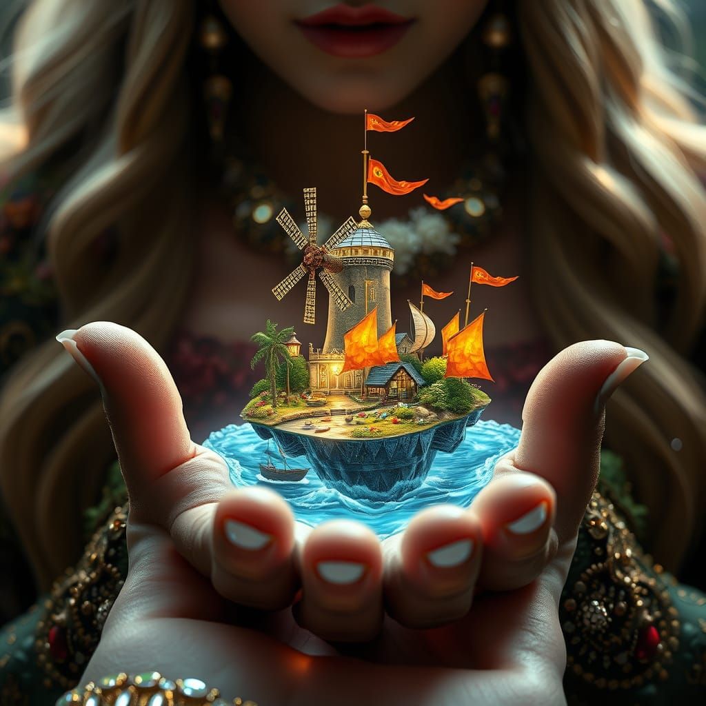 Surreal Macro Lady's Hand Holds a Levitating Island in Cyber...