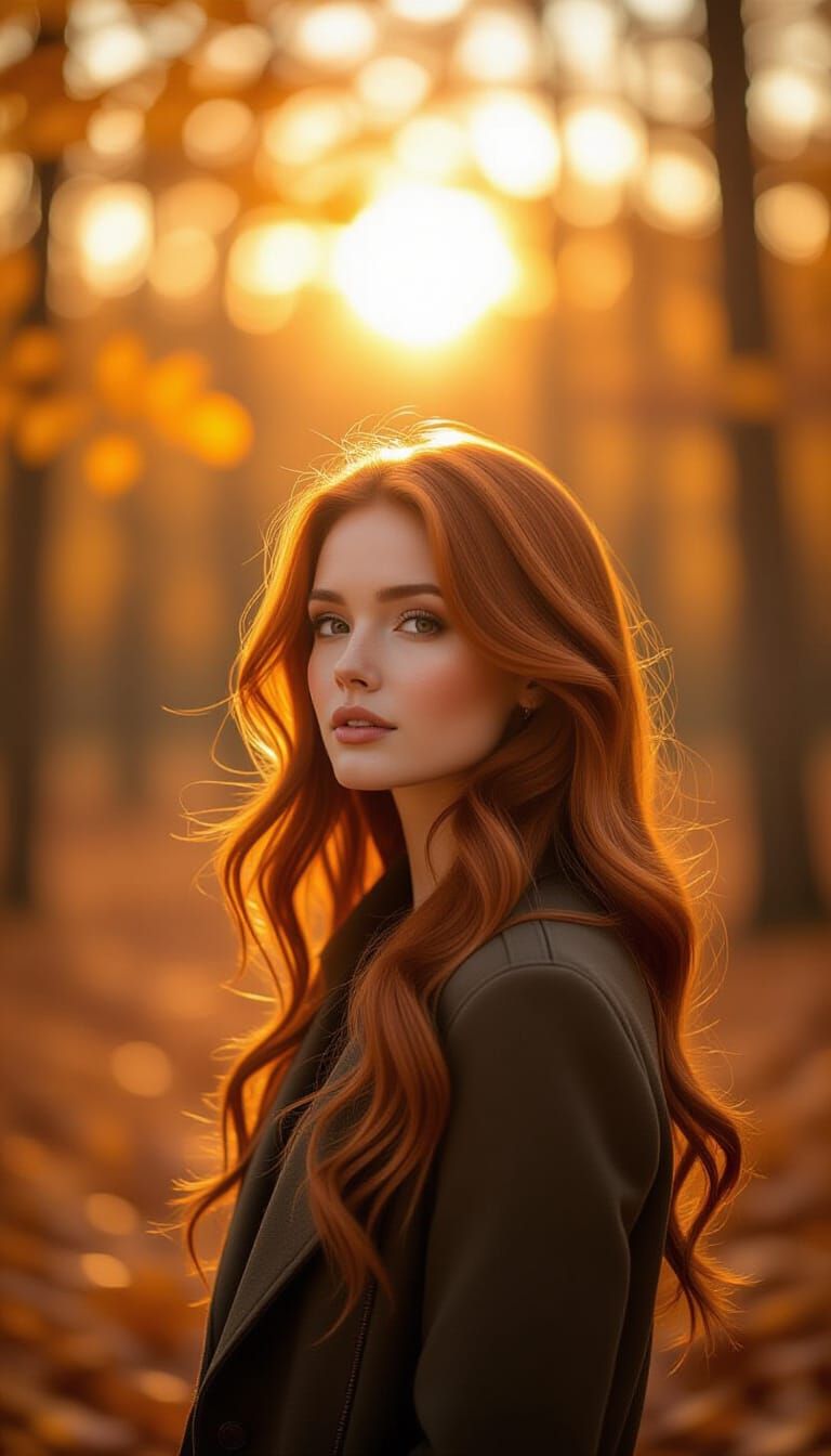 Woman in Autumn Forest with Golden Sunlight