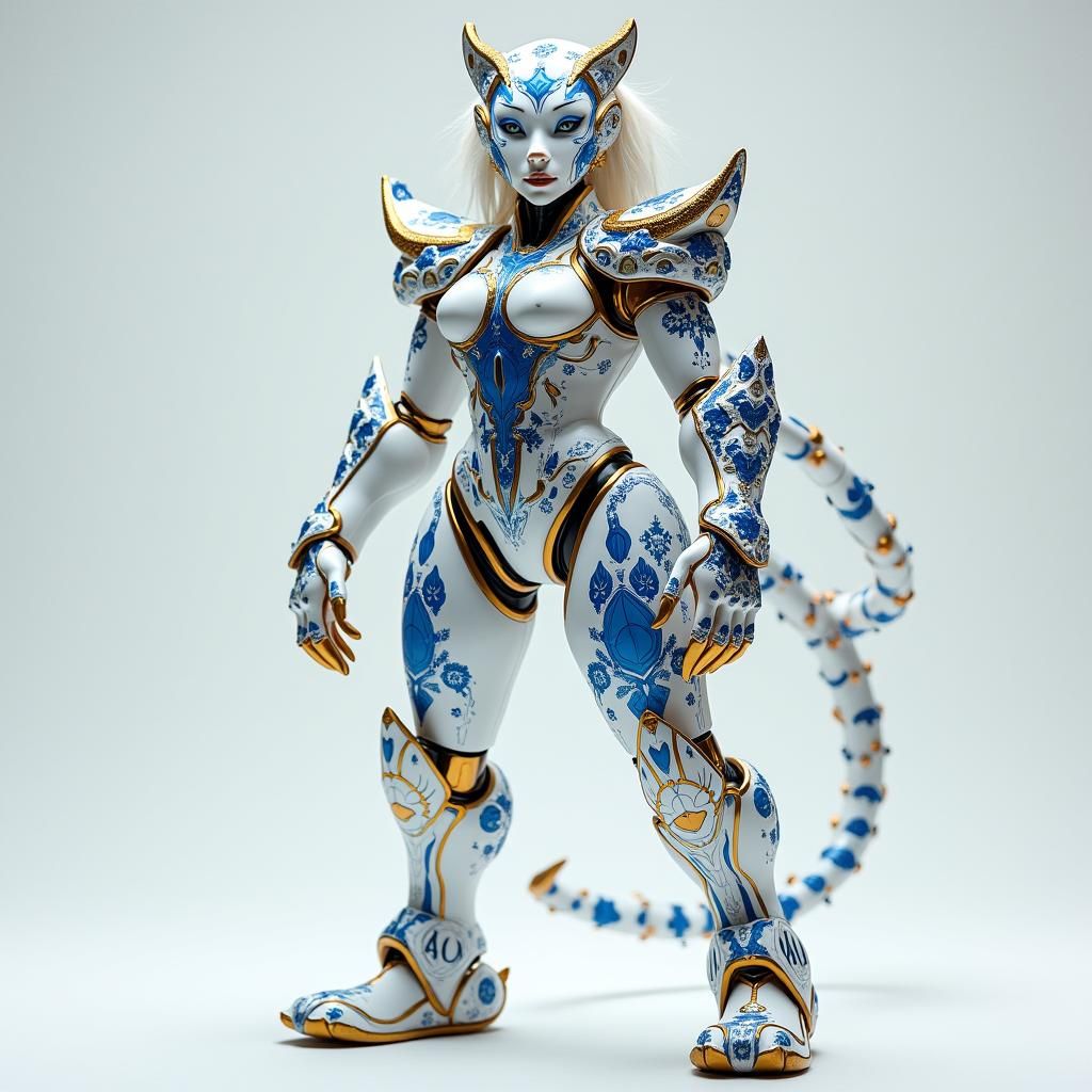 Asian Mythical Woman-Tiger Hybrid in Metallic Exosuit