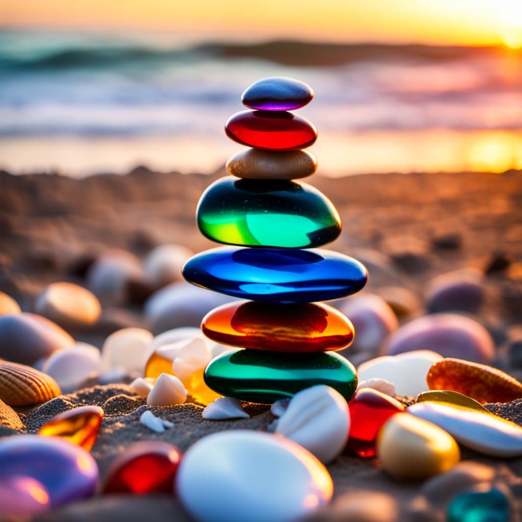 Rainbow Glass Stones on Beach at Sunset