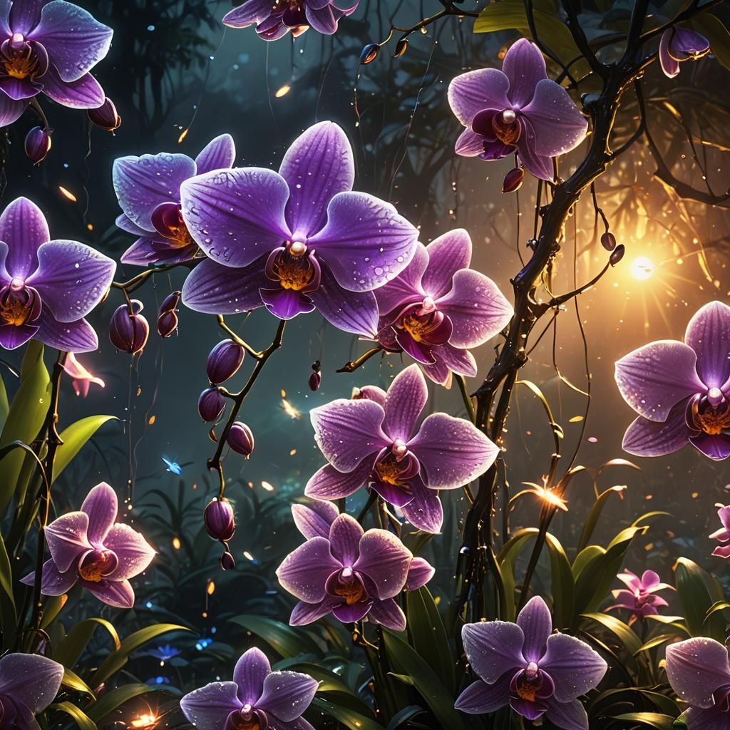 Bioluminescent Orchid at Sunset in Dark Fantasy Style