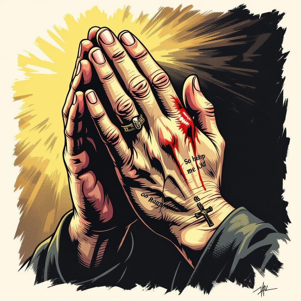 Dark Surrealist Praying Hands with Bleeding Finger