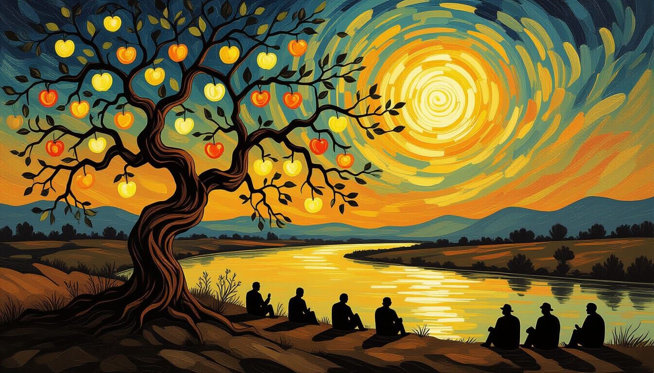 Gnarled Apple Tree in Van Gogh Style Landscape