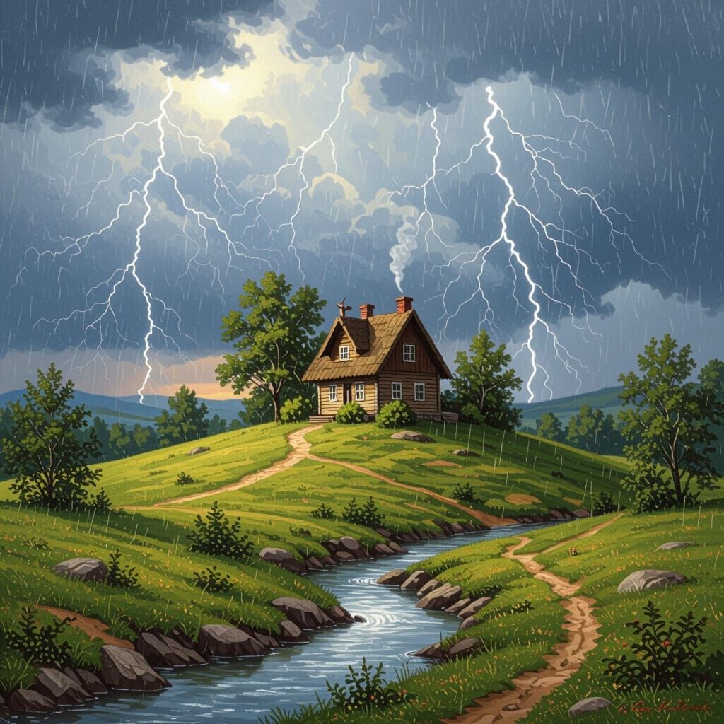 Cottage in Stormy Landscape: Classic Art Style