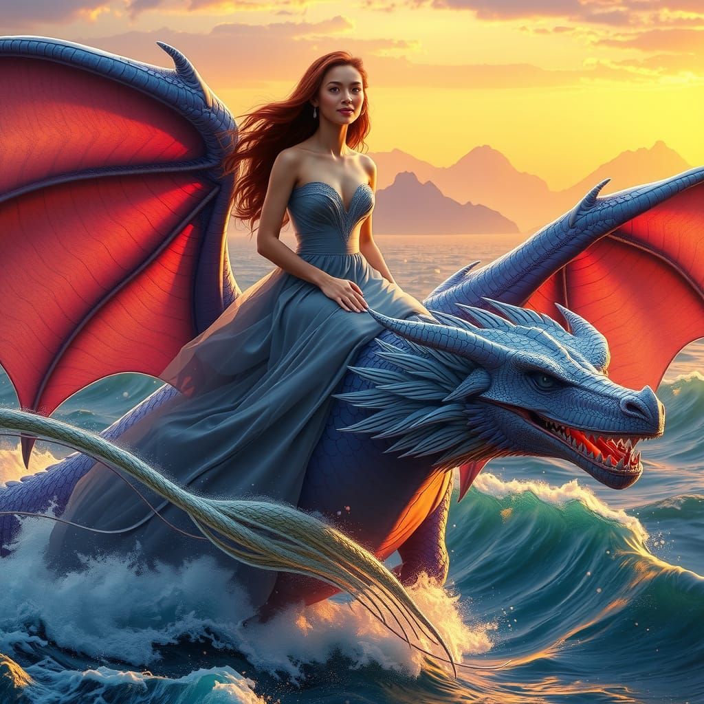 Woman on Dragon Gliding Above Ocean