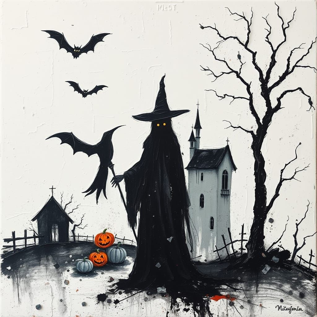Sinister Halloween Witch Town Impasto Painting