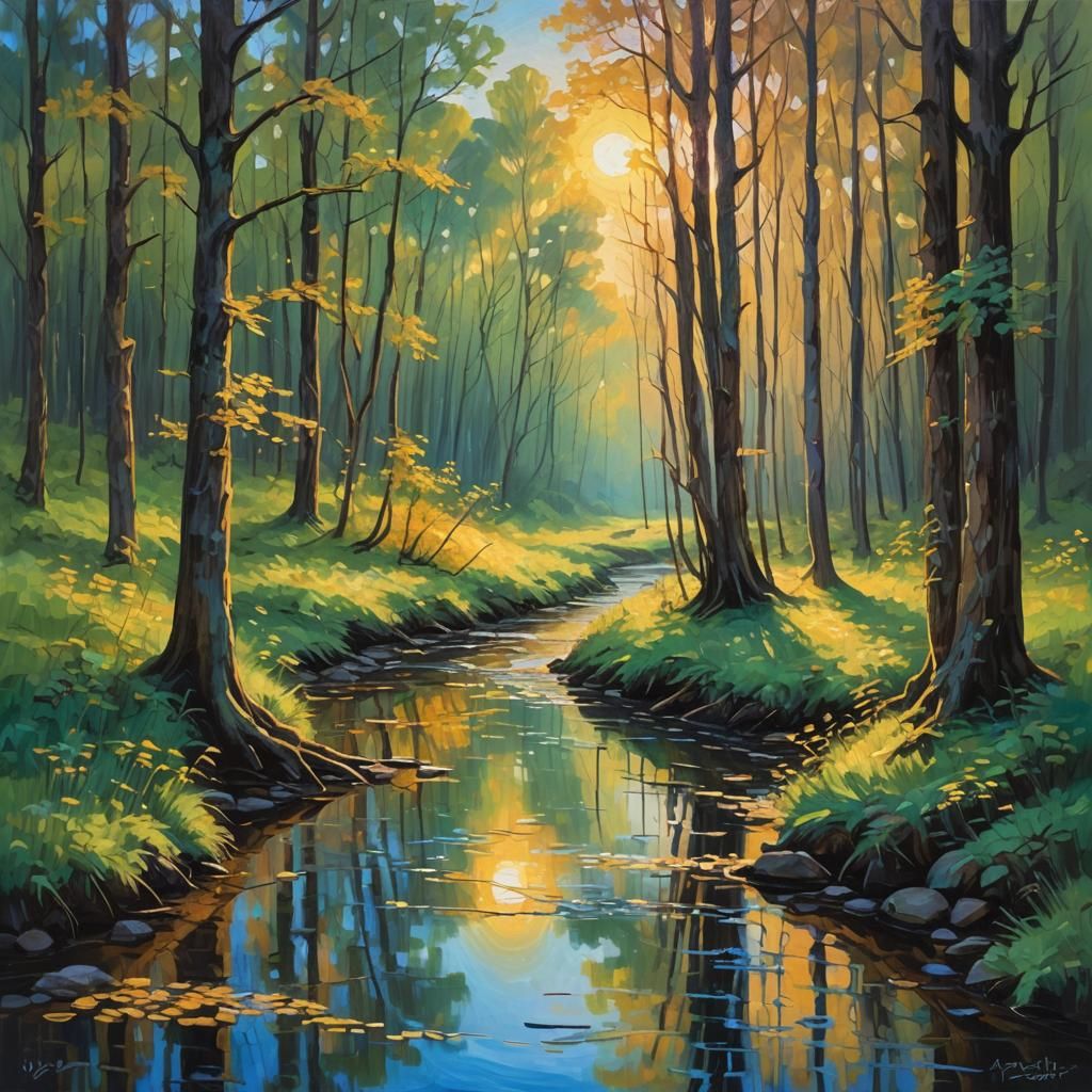 Quiet Forest Stream in Neo-Impressionist Style