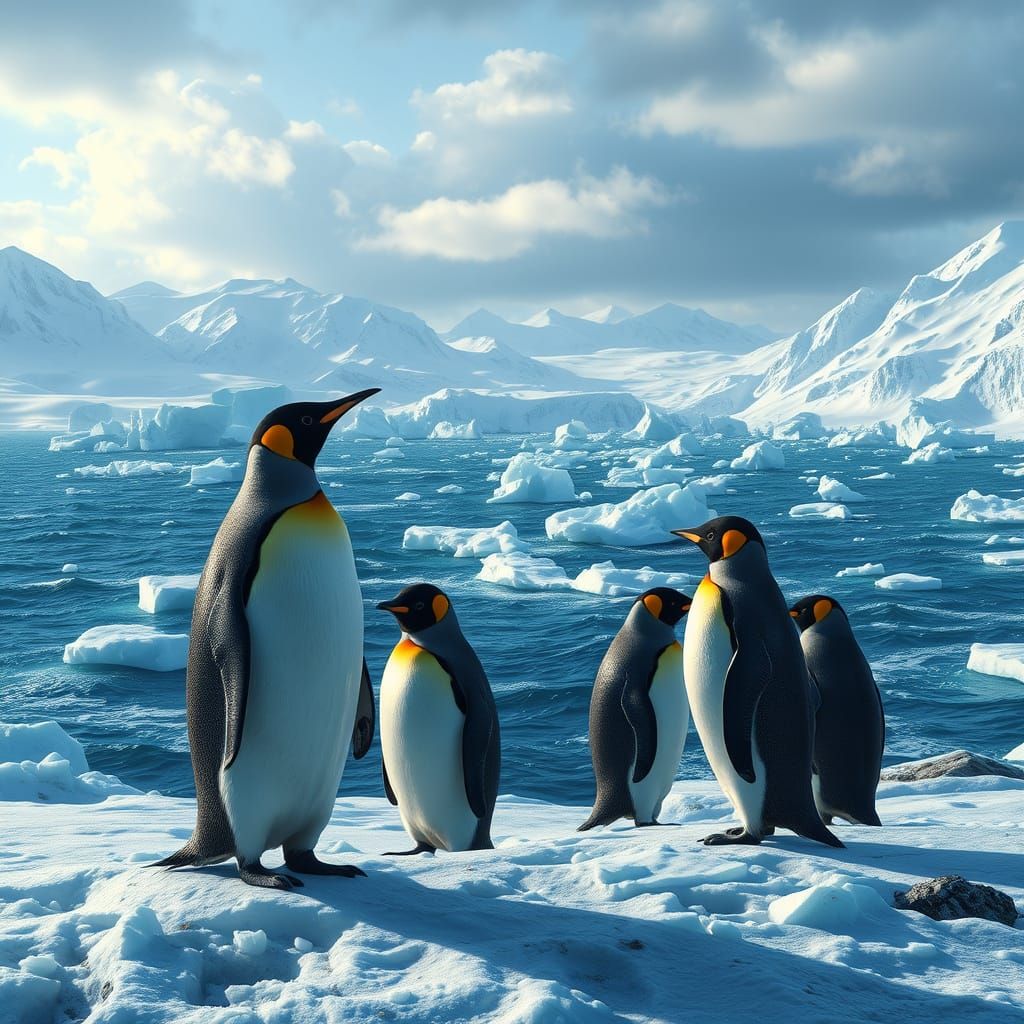 Penguins on Icy Shores in Epic Digital Painting
