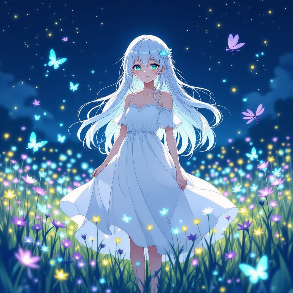 Anime Girl in Bioluminescent Field, Inspired by Anime Art