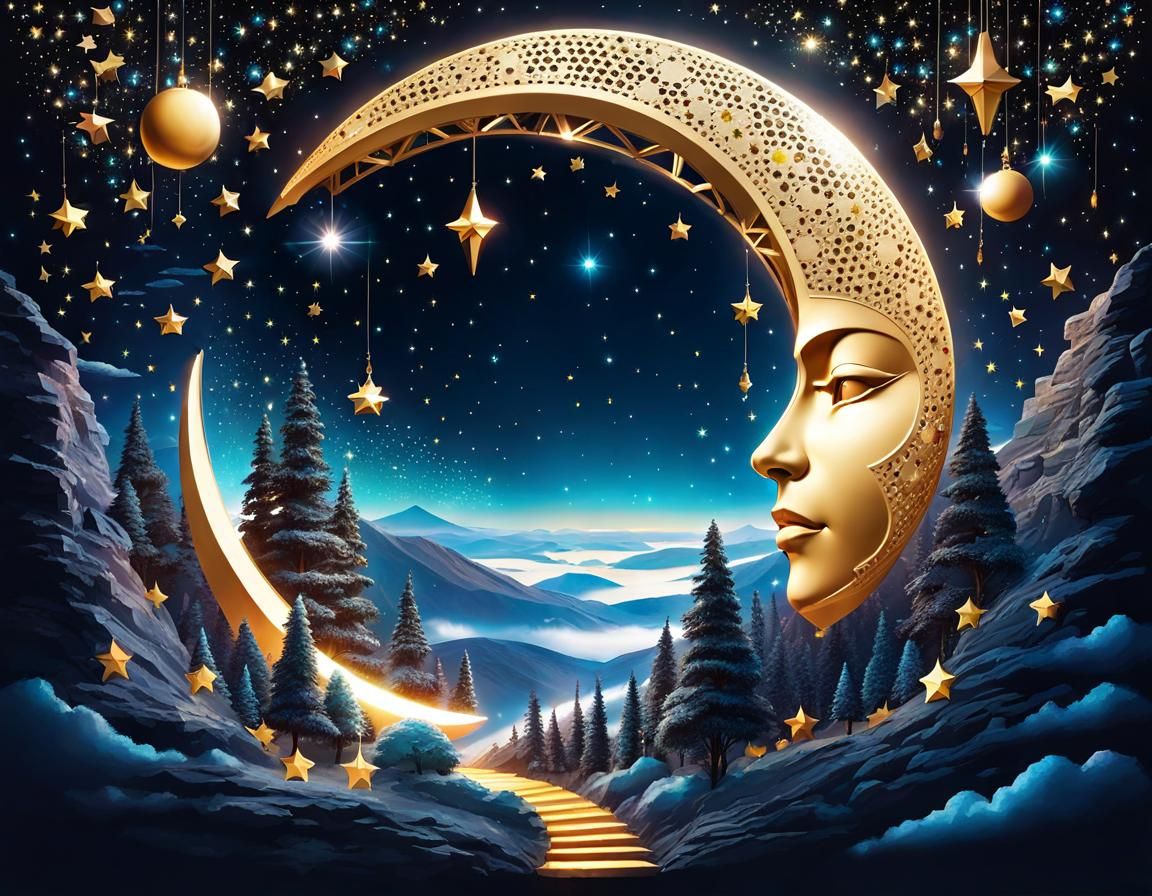 Hollow Moon with Spaceship and Shining Stars