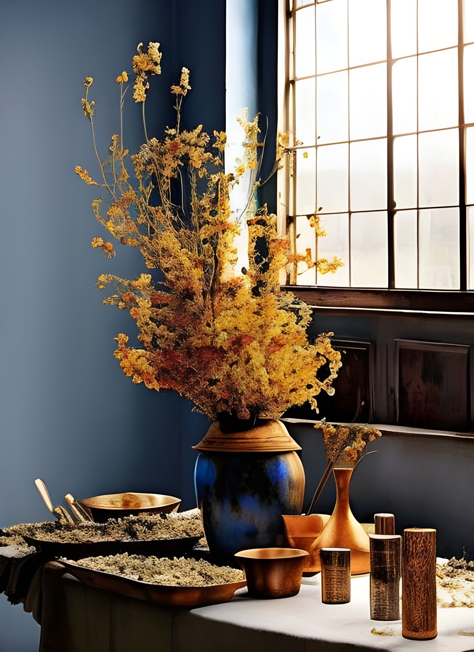 Hyperrealist Flowers on Butcher Table, Pollock-Vermeer Style