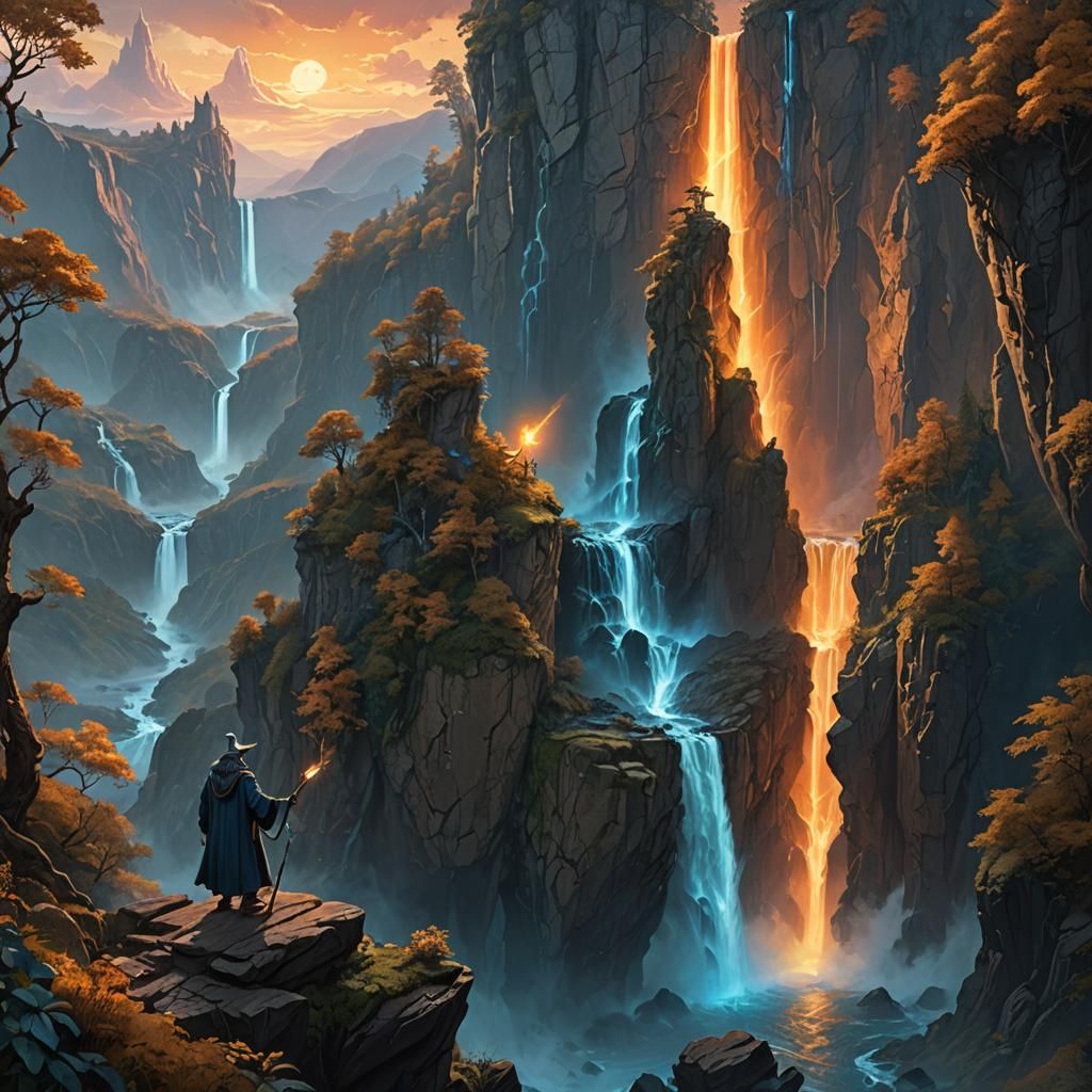 Wizard Overlooks Mystical Waterfall: Fantasy Concept Art