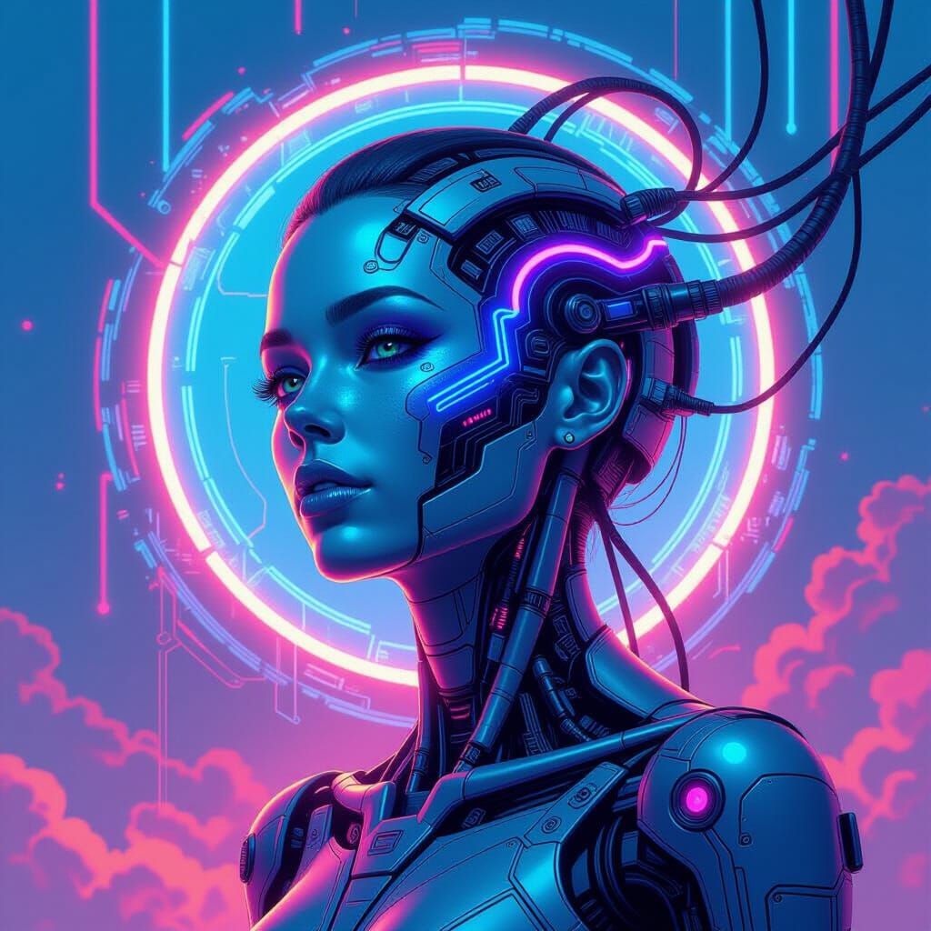 Iridescent AI Humanoid in Dreamlike Cyberpunk Setting