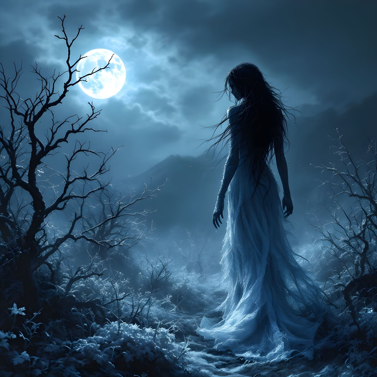Ethereal Frost Phantom Woman on Moonlit Moors