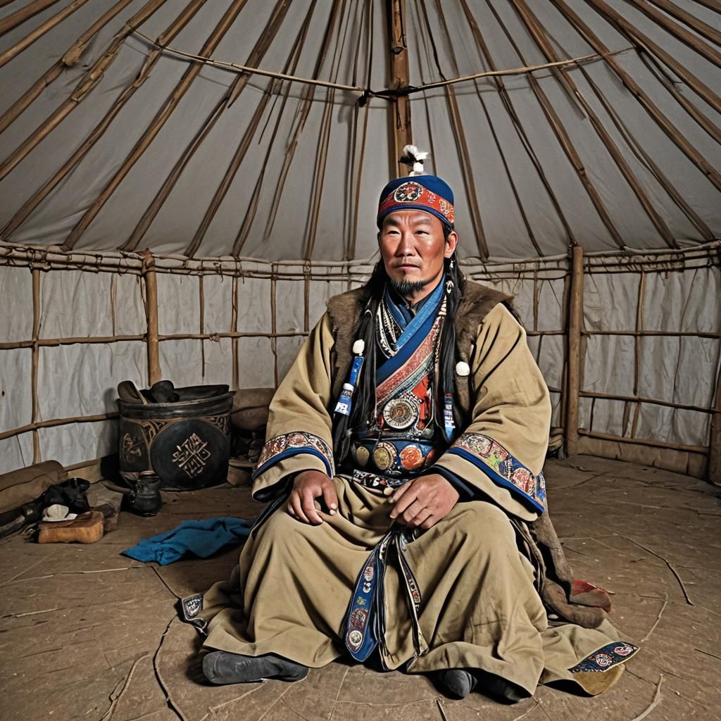 Mongolian Shaman in Traditional Yurt