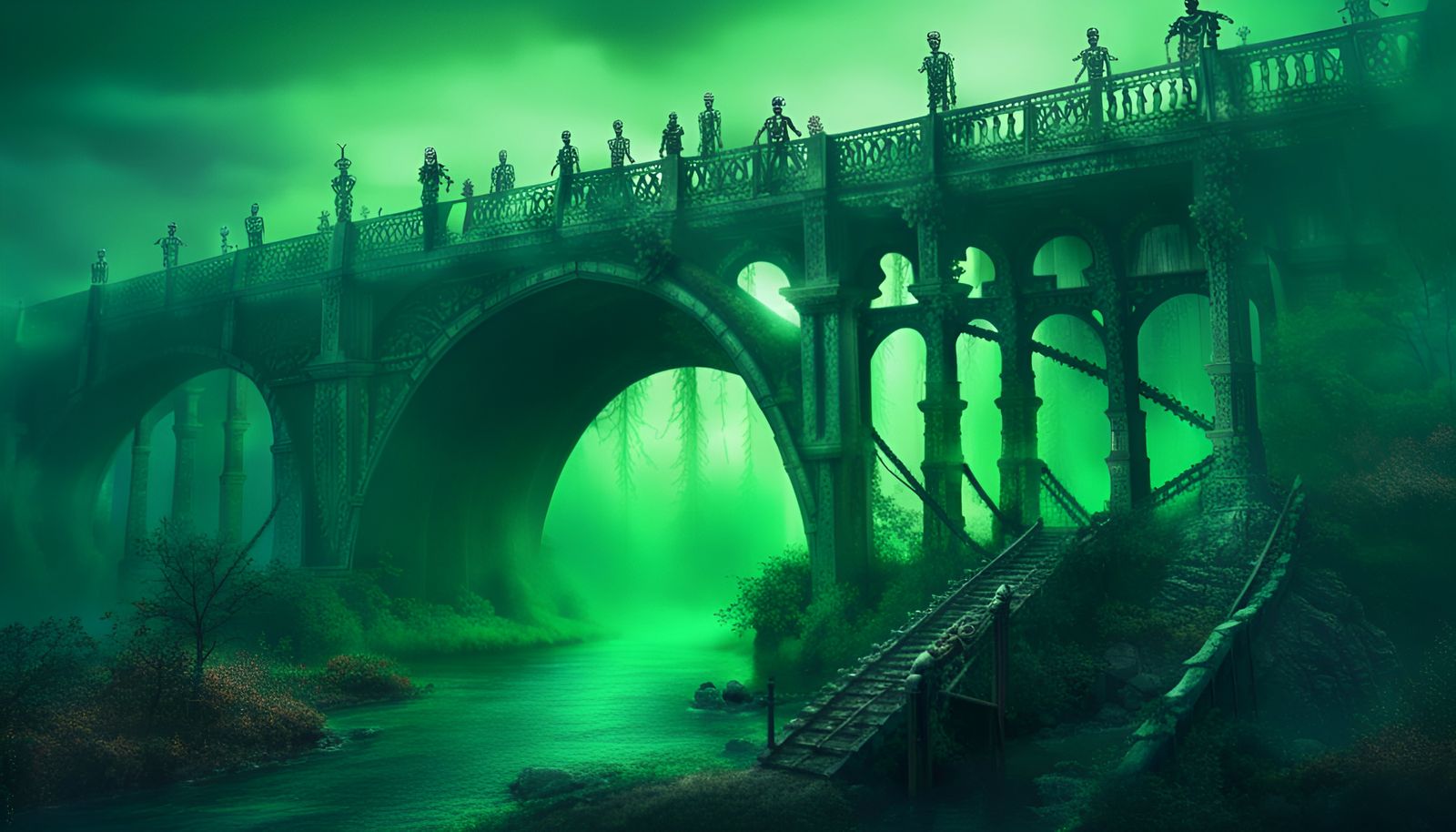 Eerie Bridge with Skeletons in Green Mist
